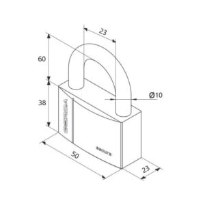 Isometric technical drawing of a padlock with dimensions: body length 50 mm, depth 23 mm, overall height 60 mm, body height 38 mm, and shackle diameter 10 mm (U-shaped shackle).