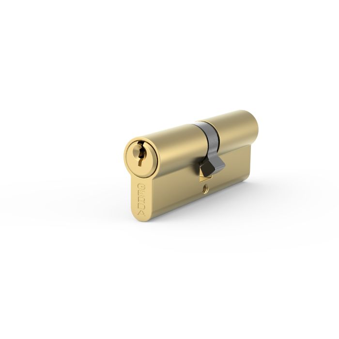 Brass door lock cylinder with keyhole, shown at an angle.