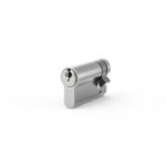 Silver door lock cylinder with keyhole and cam at the end for a door