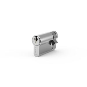 Silver door lock cylinder with keyhole and cam at the end for a door