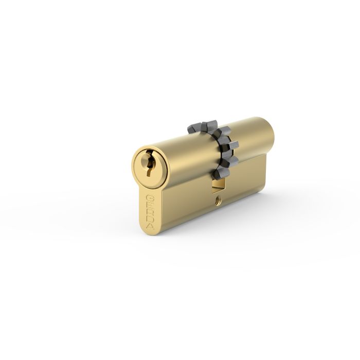 Gold cylindrical padlock with a black wheel-style mechanism around the shackle, isolated on a white background