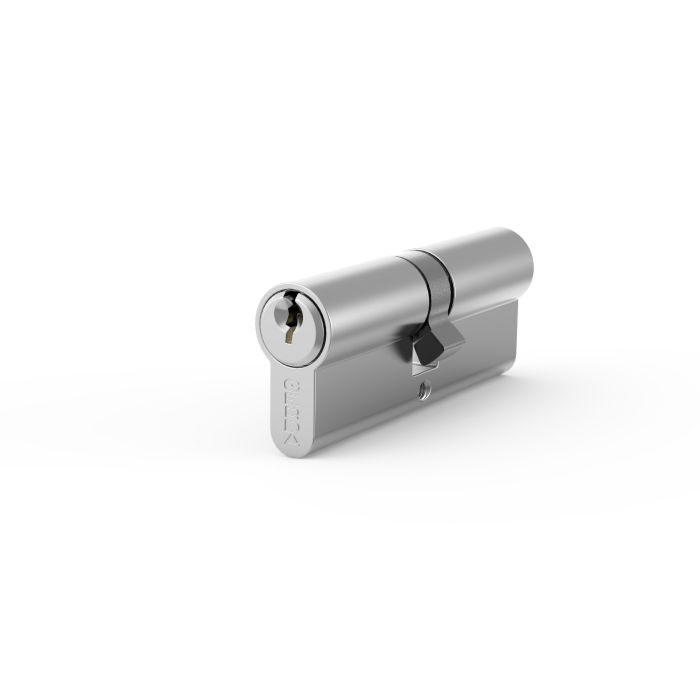 Polished silver cylinder padlock with the keyhole visible on the end, lying on a white surface.