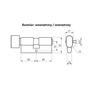 Technical drawing of a lock cylinder with mounting plate, shown in side and front views with millimeter dimensions and the label 'Rozmiar: wewnętrzny / zewnętrzny' (internal/external size).