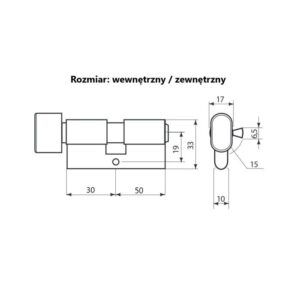 Dimensioned schematic of a door lock (internal/external sizes) with side and front views and labeled measurements (e.g., 30 mm, 50 mm).
