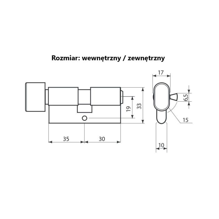 Technical drawing of a door lock cylinder with internal/external sizes, showing side and front views and dimension lines (65 mm total length, 33 mm height).