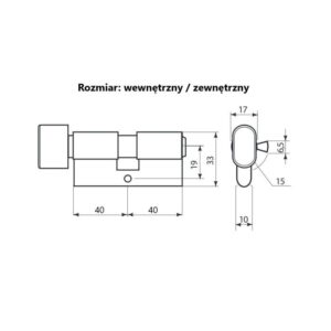 Technical drawing of a door lock with two cylindrical sections and base plate, shown in side and front views with dimensioned lines for internal vs external sizes (Rozmiar: wewnętrzny / zewnętrzny).
