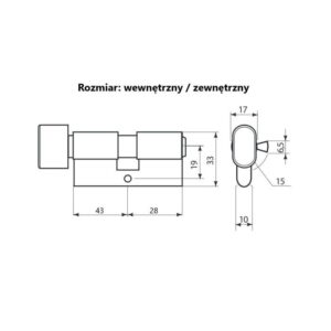 Technical drawing of a door lock showing side and front views with key dimensions in millimeters (e.g., 43, 28, 19, 33, 65, 17, 15, 10). Likely internal/external size specification (Rozmiar: wewnętrzny / zewnętrzny).