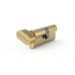 Gold-toned cam lock cylinder with a rotating cam, viewed at an angle.