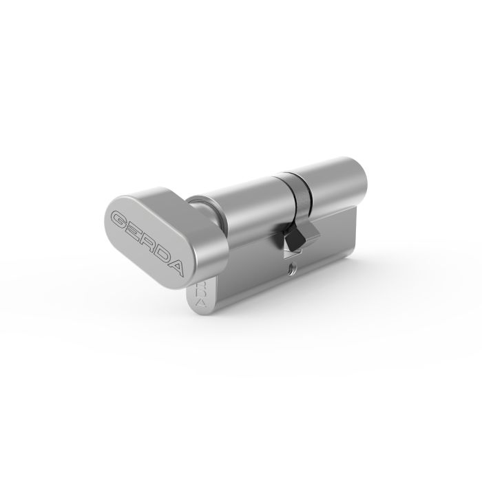 Metal door lock cylinder with a rotating cam and keyway, viewed from the side.
