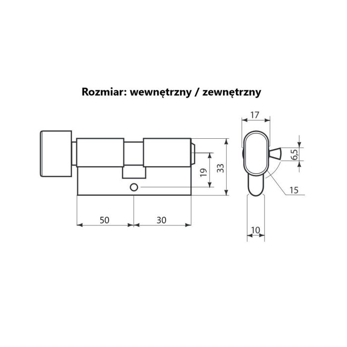 Technical drawing of a lock cylinder with internal/external size label, showing side view with total length 80 mm (50 mm + 30 mm) and a front view of the oval handle with 17 mm width, plus height cues.