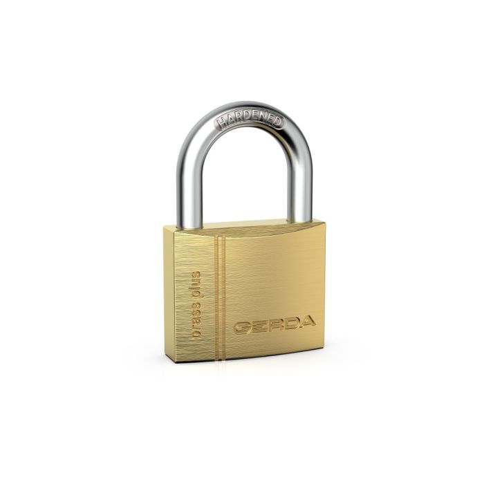 Gold-colored padlock with a silver U-shaped shackle; brand name 'GERDA' embossed on the body.