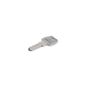 Silver car key with an integrated electronic head and gold contact pins on the blade, set against a white background.