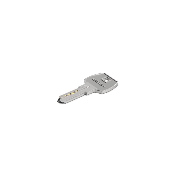 Silver car key with an integrated electronic head and gold contact pins on the blade, set against a white background.