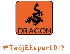 Orange square logo featuring a black dragon and the word DRAGON, with the orange script hashtag #TwójEkspertDIY beneath it.