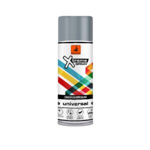 A cylindrical aerosol spray can with a gray cap and a white label featuring colorful diagonal geometric shapes; it reads 'Xtreme Spray' and 'universal'.