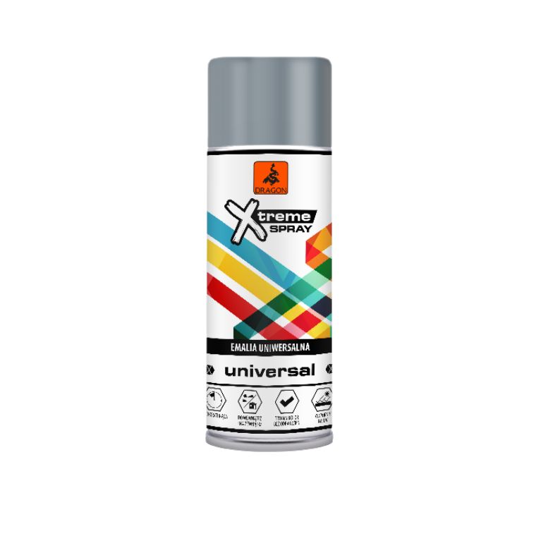 A cylindrical aerosol spray can with a gray cap and a white label featuring colorful diagonal geometric shapes; it reads 'Xtreme Spray' and 'universal'.