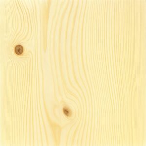 Close-up of pale pine wood with natural grain and two knots on the surface.