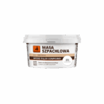 Tub of white wood filler compound labeled 'Masa Szpachlowa' and 'Wood Filler Compound' for filling natural wood surfaces
