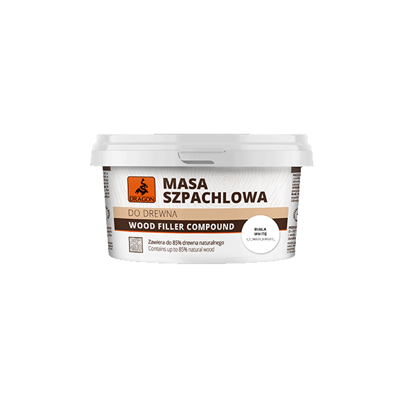 Tub of white wood filler compound labeled 'Masa Szpachlowa' and 'Wood Filler Compound' for filling natural wood surfaces