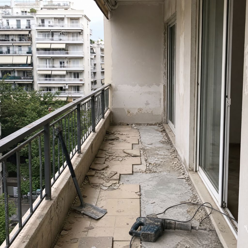 Balcony under renovation with broken tiles and construction debris, a shovel leaning on the railing, and a power tool on the floor, with neighboring buildings in the distance.