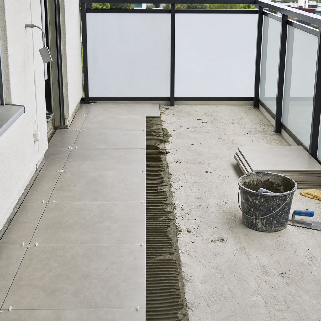 Balcony under construction with newly laid grey tiles on the left, an unfinished concrete area on the right, and a bucket and trowel nearby by the railing.