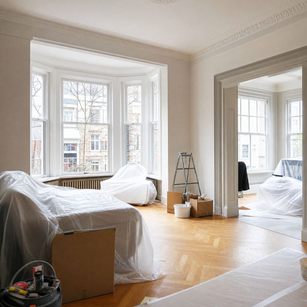 Room under renovation with furniture covered in plastic, ladder, and cardboard boxes in a bright bay-windowed space with a wooden floor