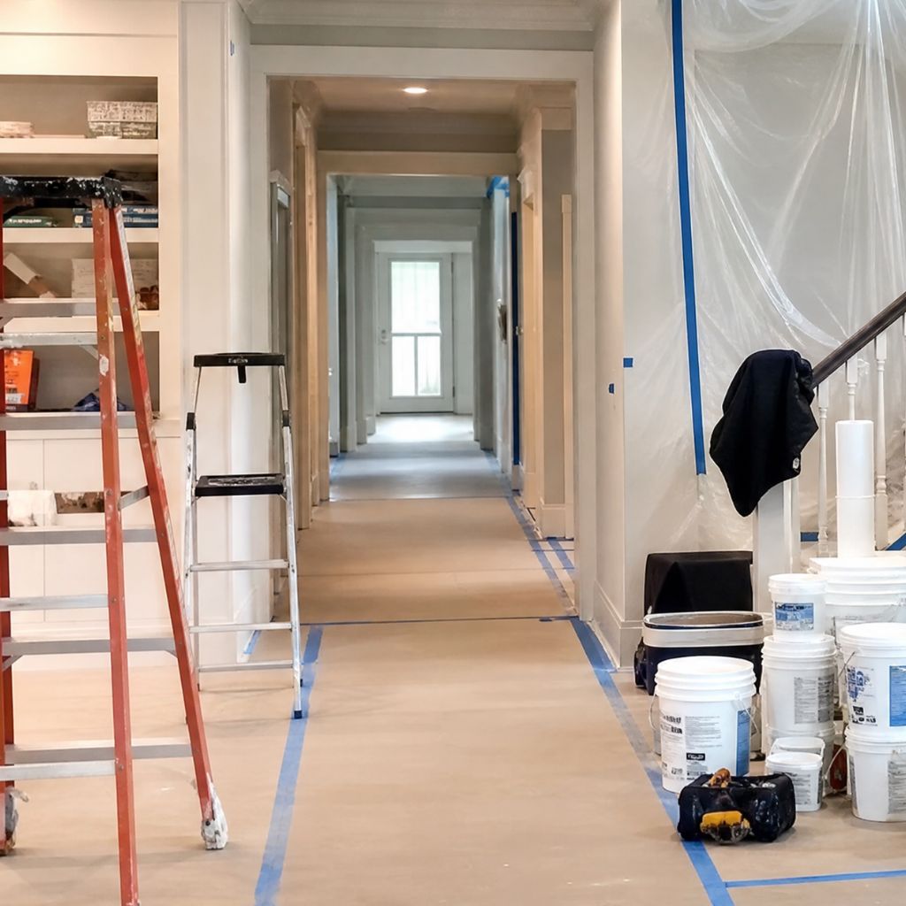 Construction hallway under renovation with two ladders, paint buckets and tools, and plastic sheeting along the right wall; blue painter's tape marks the floor path.