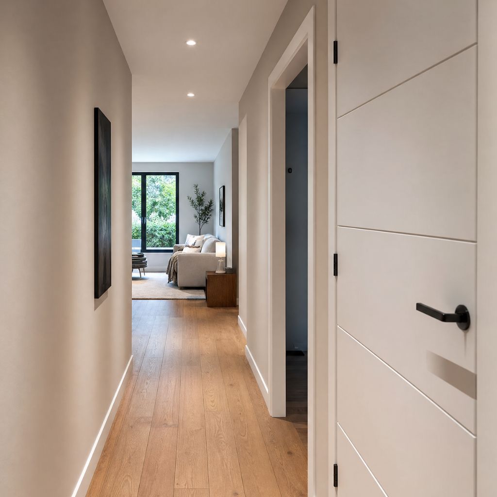 Bright hallway leading to a living room with a sofa, side table lamp, and a large window showing greenery outside.