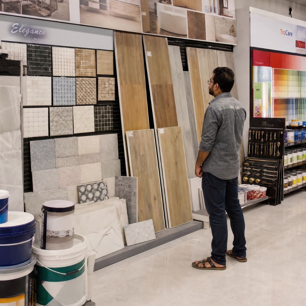 Man examines vertical wooden flooring samples in a home improvement store with tile displays nearby.