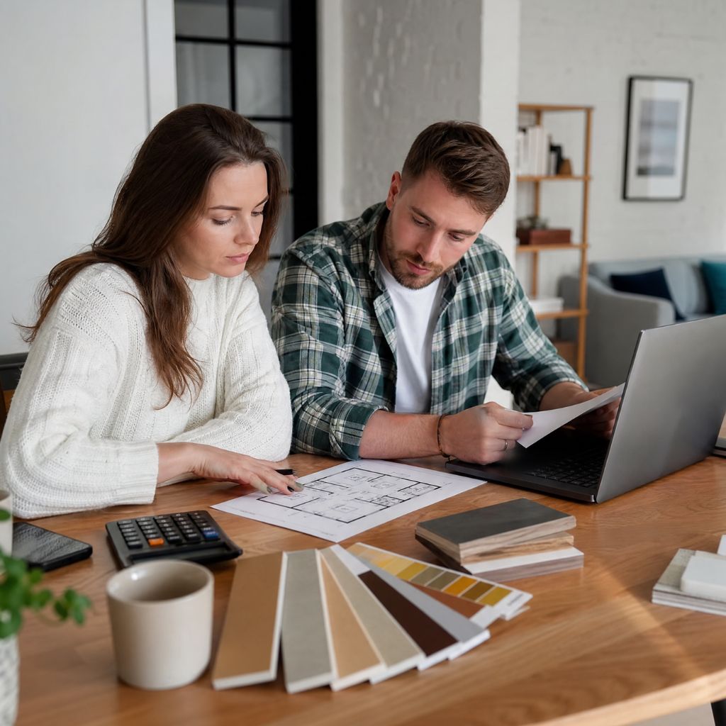 Two people collaborate at a wooden table, examining a floor plan and color swatches with a laptop nearby.