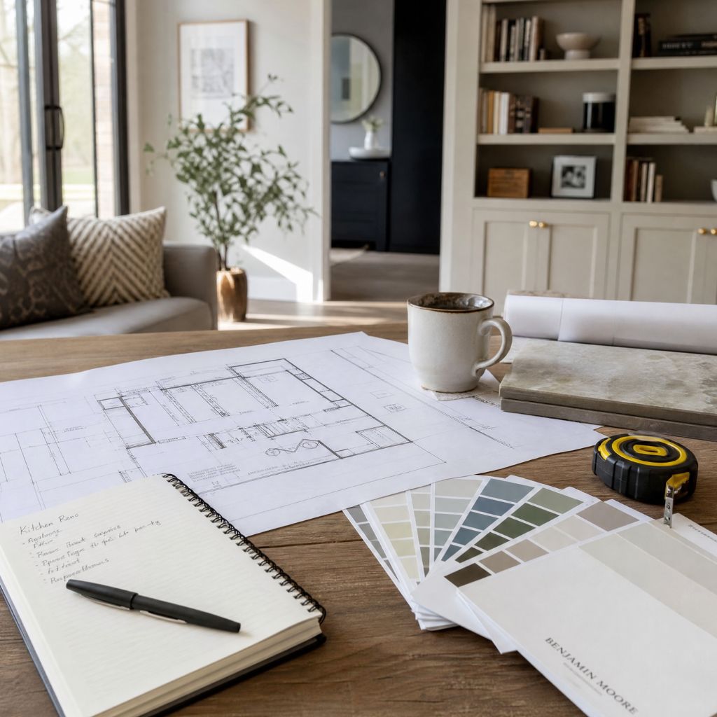Architectural plans spread on a wooden table with color swatches, notebook, mug, and tape measure in a cozy home office setting