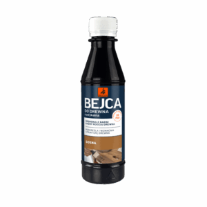 Wood stain bottle labeled Bejca do drewna, sosna, for treating wooden surfaces.