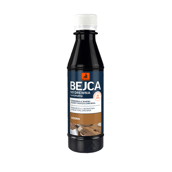 Wood stain bottle labeled Bejca do drewna, sosna, for treating wooden surfaces.