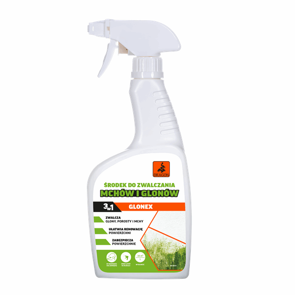 White spray bottle of moss and algae remover with green and orange label and trigger nozzle, for outdoor cleaning.