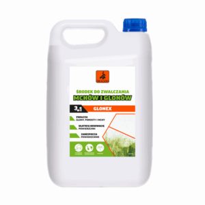 White plastic bottle with a blue cap containing a moss and algae remover (GLONEX) label showing Dragon branding.