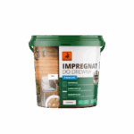 Bucket of wood impregnator 'Impregnat do drewna' Premium with green lid and wooden interior scene on label, for protecting and finishing timber.