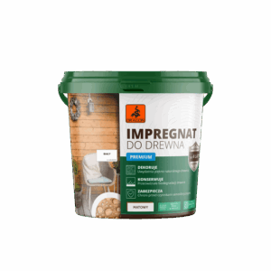 Bucket of wood impregnator 'Impregnat do drewna' Premium with green lid and wooden interior scene on label, for protecting and finishing timber.