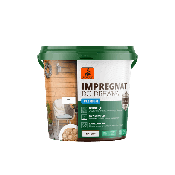 Bucket of wood impregnator 'Impregnat do drewna' Premium with green lid and wooden interior scene on label, for protecting and finishing timber.