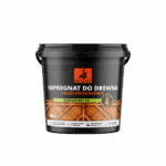 Black plastic tub of Dragon wood preservative with an orange dragon logo; Polish label reads 'Impregnat do drewna przeciwogniowy' and 'Koncentrat 1:6' with a wooden fence graphic in the background.
