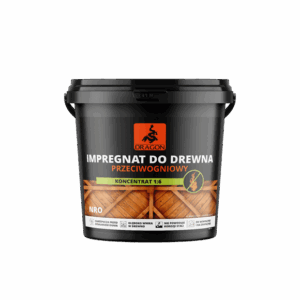 Black plastic tub of Dragon wood preservative with an orange dragon logo; Polish label reads 'Impregnat do drewna przeciwogniowy' and 'Koncentrat 1:6' with a wooden fence graphic in the background.