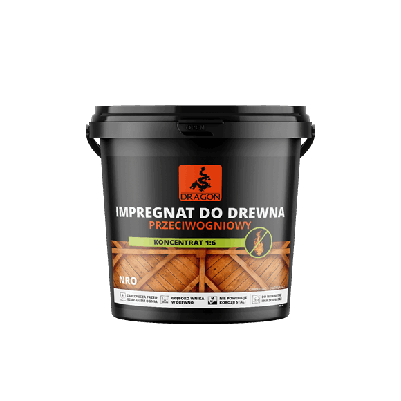 Black plastic tub of Dragon wood preservative with an orange dragon logo; Polish label reads 'Impregnat do drewna przeciwogniowy' and 'Koncentrat 1:6' with a wooden fence graphic in the background.