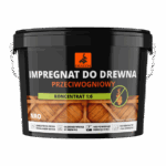Black bucket of Dragon wood impregnant, anti-fire concentrate 1:6, with Dragon logo and wooden fence graphic.