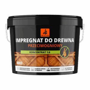 Black bucket of Dragon wood impregnant, anti-fire concentrate 1:6, with Dragon logo and wooden fence graphic.