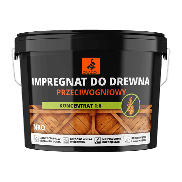 Black bucket of Dragon wood impregnant, anti-fire concentrate 1:6, with Dragon logo and wooden fence graphic.