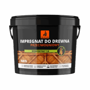 Black bucket of Dragon wood preservative, anti-fungal, concentrated 1:6, with a wooden fence graphic on the label.