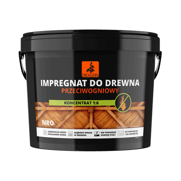 Black bucket of Dragon wood preservative, anti-fungal, concentrated 1:6, with a wooden fence graphic on the label.
