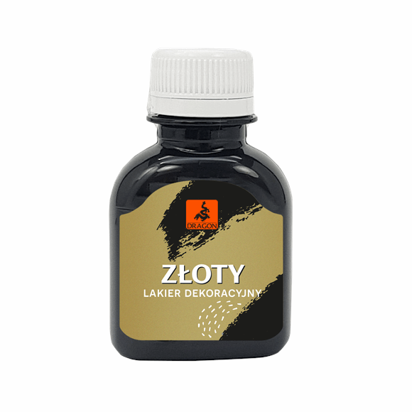 Dark glass bottle of Dragon Złoty decorative varnish with white cap and gold label.