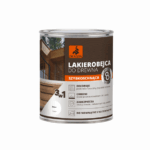 Can of Dragon 3-in-1 quick-drying wood varnish for indoor/outdoor use, label shows wooden house image and features like UV protection and water resistance