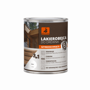 Can of Dragon 3-in-1 quick-drying wood varnish for indoor/outdoor use, label shows wooden house image and features like UV protection and water resistance