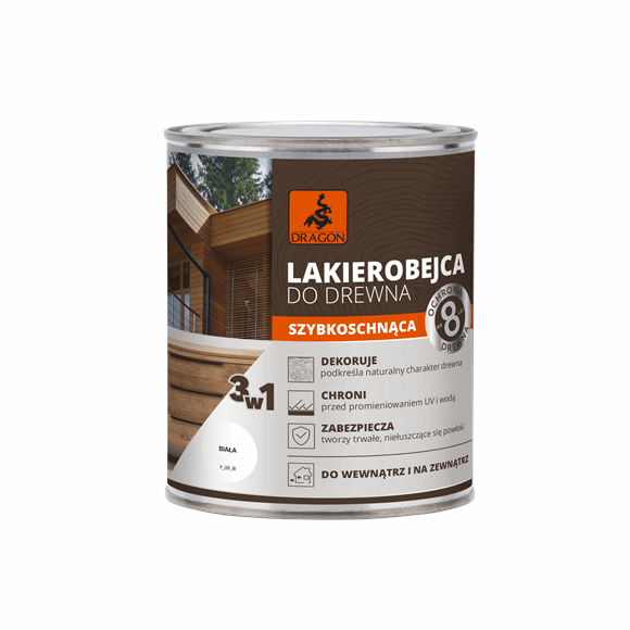 Can of Dragon 3-in-1 quick-drying wood varnish for indoor/outdoor use, label shows wooden house image and features like UV protection and water resistance